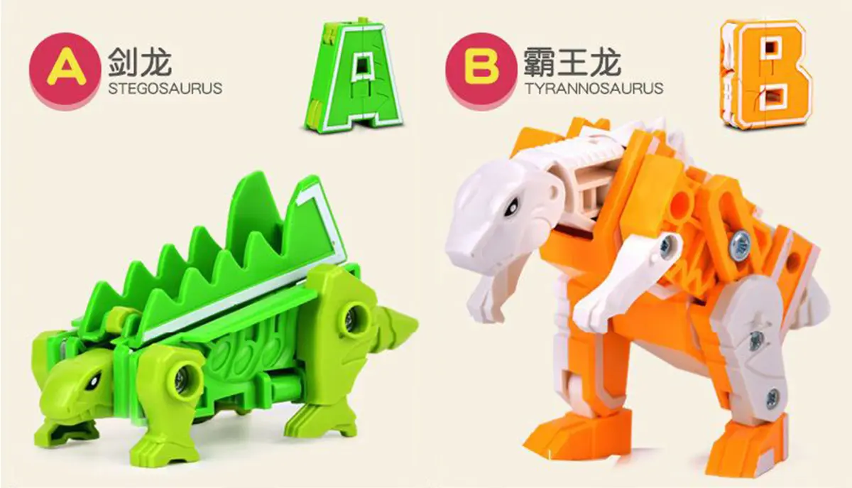 Letter A Transform to Stegosaurus Transformer Toy. Letter B transform Tyrannosaurus Transformer Toy 2