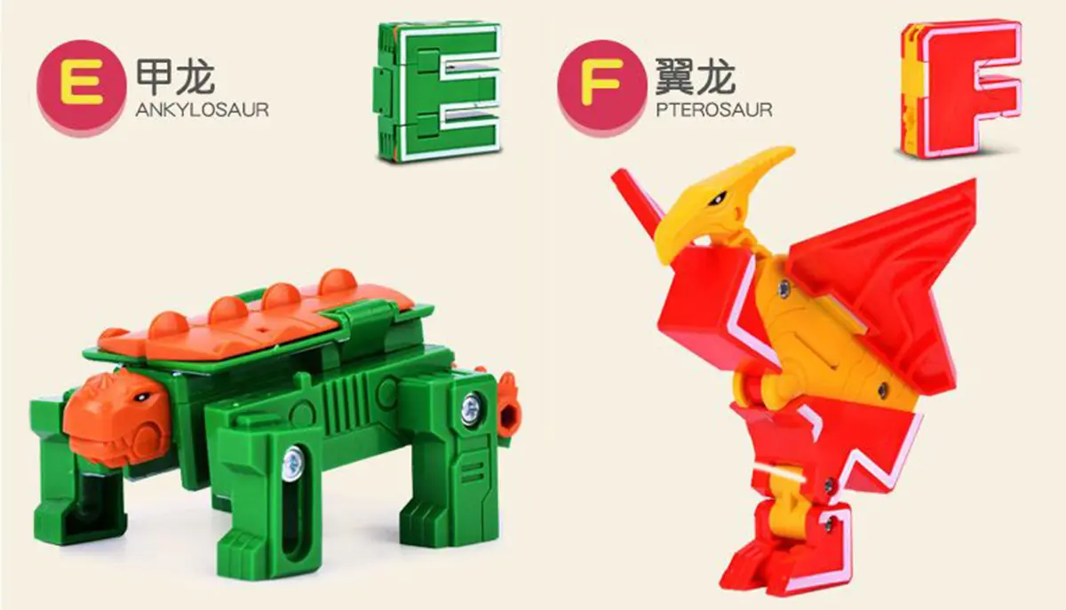 Letter E Transform to Ankylosaur Transformer Toy. Letter F transform Pterosaur Transformer Toy