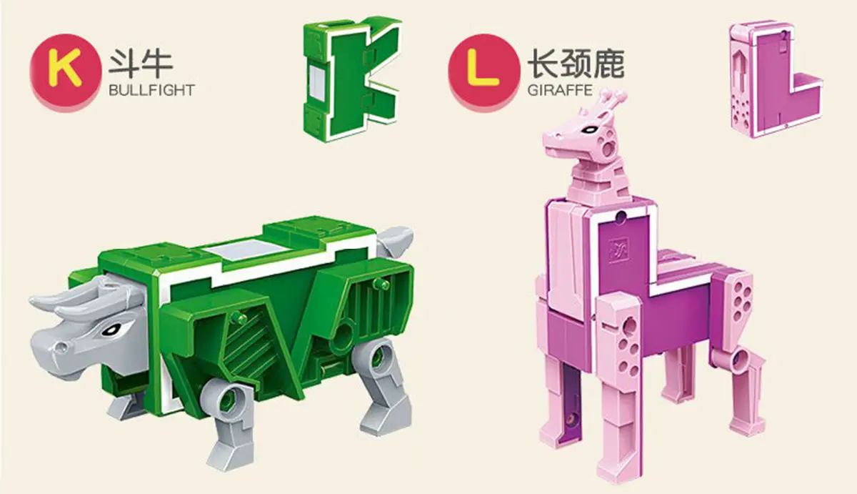 Letter K ransform to Bullfight Transformer Toy. Letter L ransform Giraffe ransformer Toy