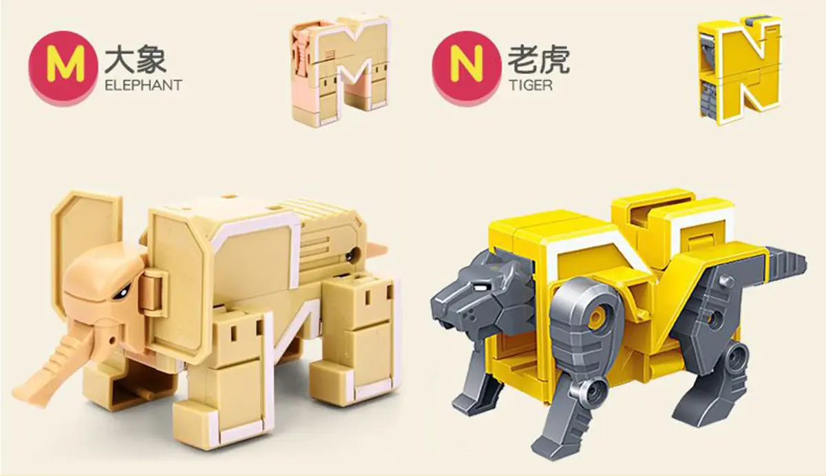 Letter M ansform to Elephant Transformer Toy. Letter N transform Tiger ransformer Toy