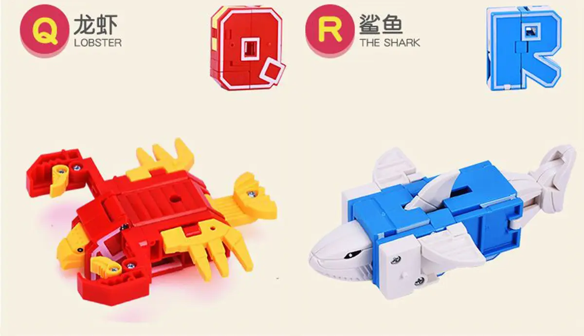 Letter Q Transform to a Lobster Transformer Toy on the left. Letter R transform to a Shark Transformer Toy on the right