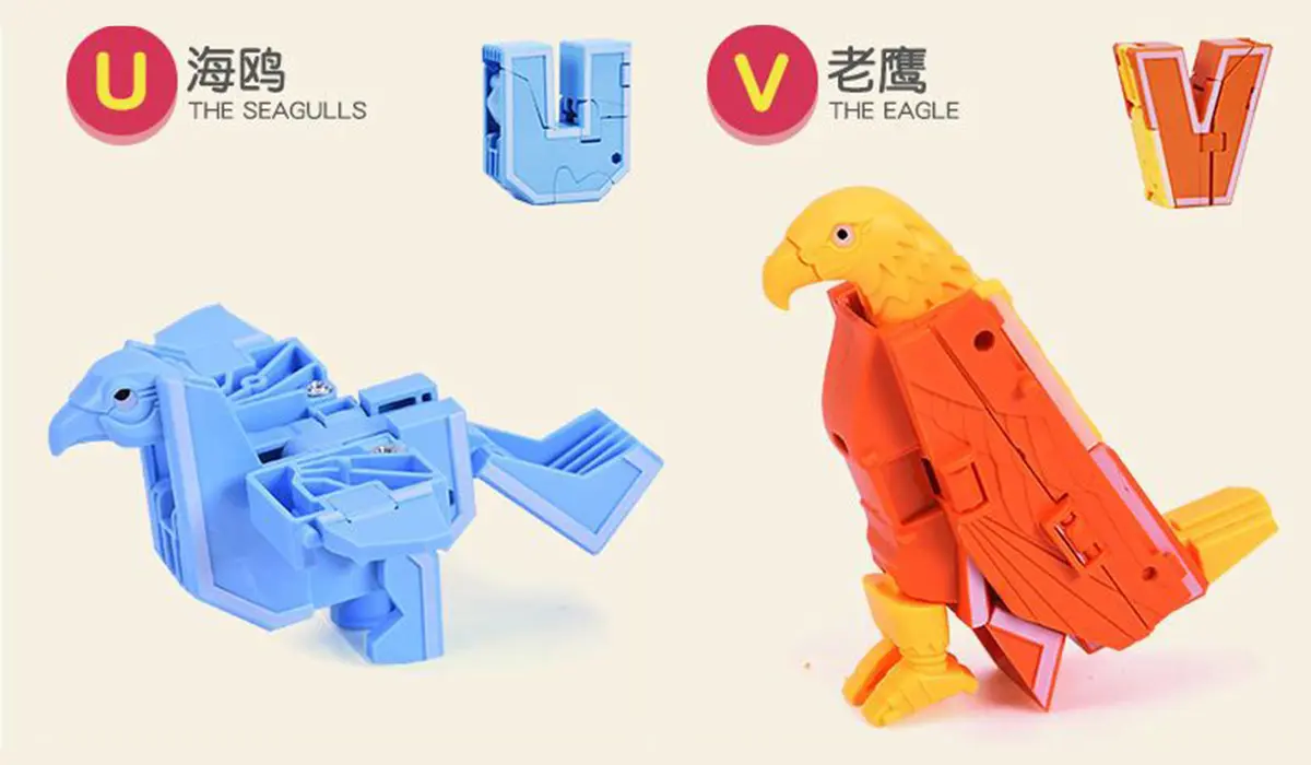 Letter U Transform to a Seagull Transformer Toy on the left. Letter V transform to a Eagle Transformer Toy on the right