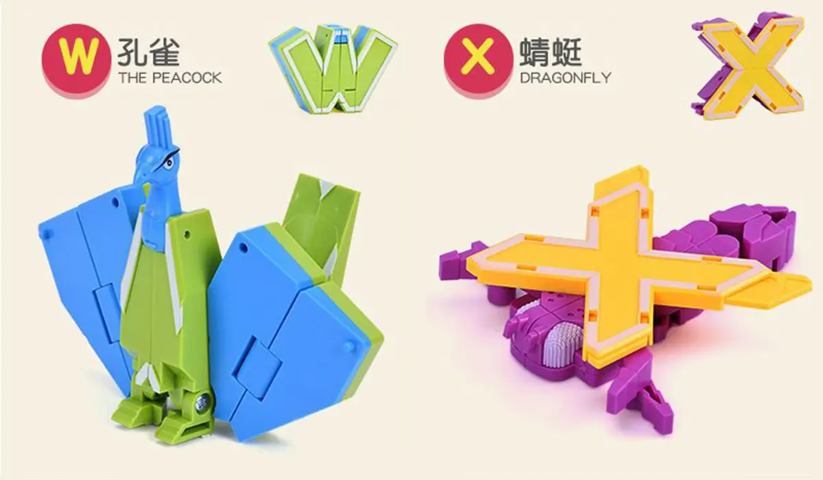 Letter W Transform to a Peacock Transformer Toy on the left. Letter X transform to a Dragonfly Transformer Toy on the right