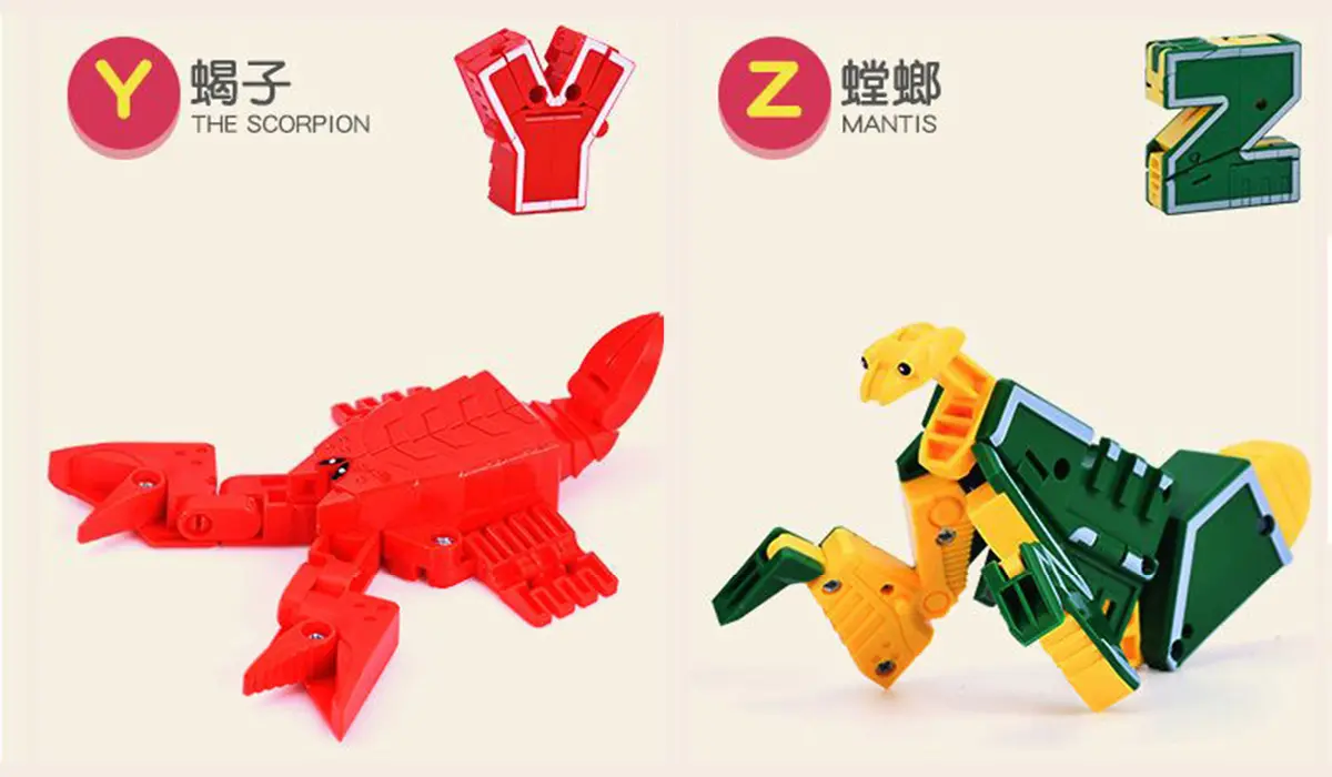 Letter Y Transform to a Scorpion Transformer Toy on the left. Letter Z transform to a Mantis Transformer Toy on the right