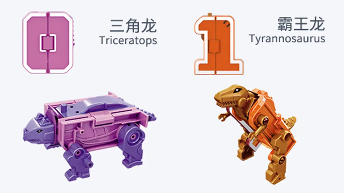 Number 0 Transform to Triceratops Transformer Toy. Number 1 Transform to Tyrannosaurus Rex Transformer Toy