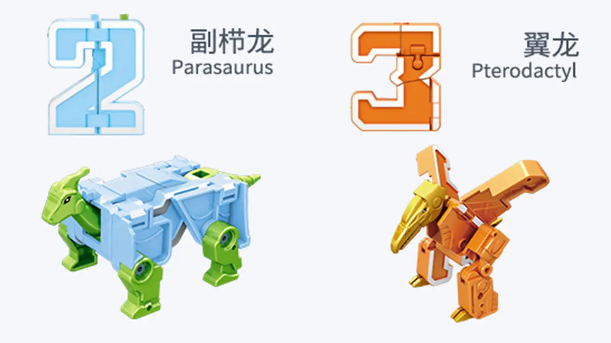 Number 2 Transform to Parasaurolophus Transformer Toy. Number 3 Transform to Pterodactyl Transformer Toy