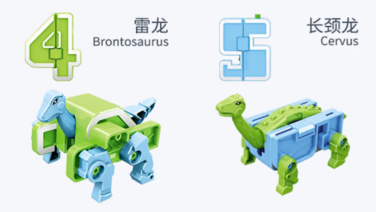 Number 4 Transform to Brontosaurus Transformer Toy. Number 5 Transform to Tanystropheus Transformer Toy