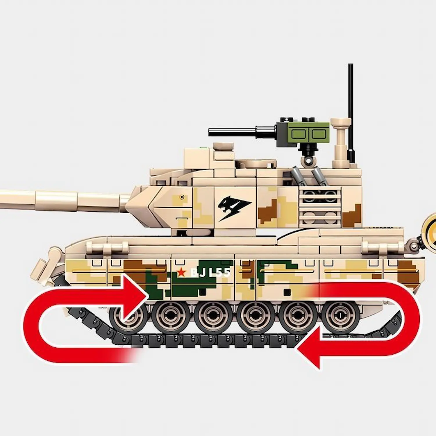 Side view showing the movable track chain of Sembo Block 203111 Chinese Type 15 Light Tank