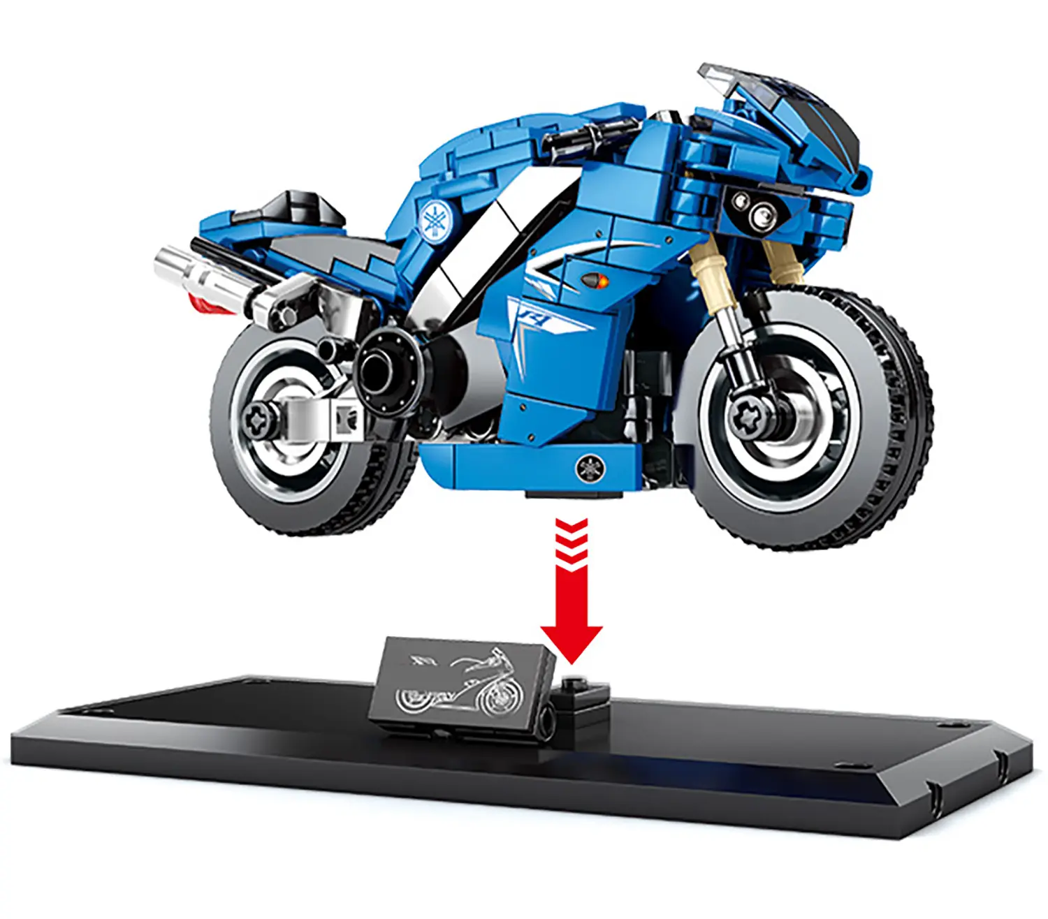 The Sembo Block 701102 Yamaha YZF-R1 Blue can be plugged into the base, making it more stable 2