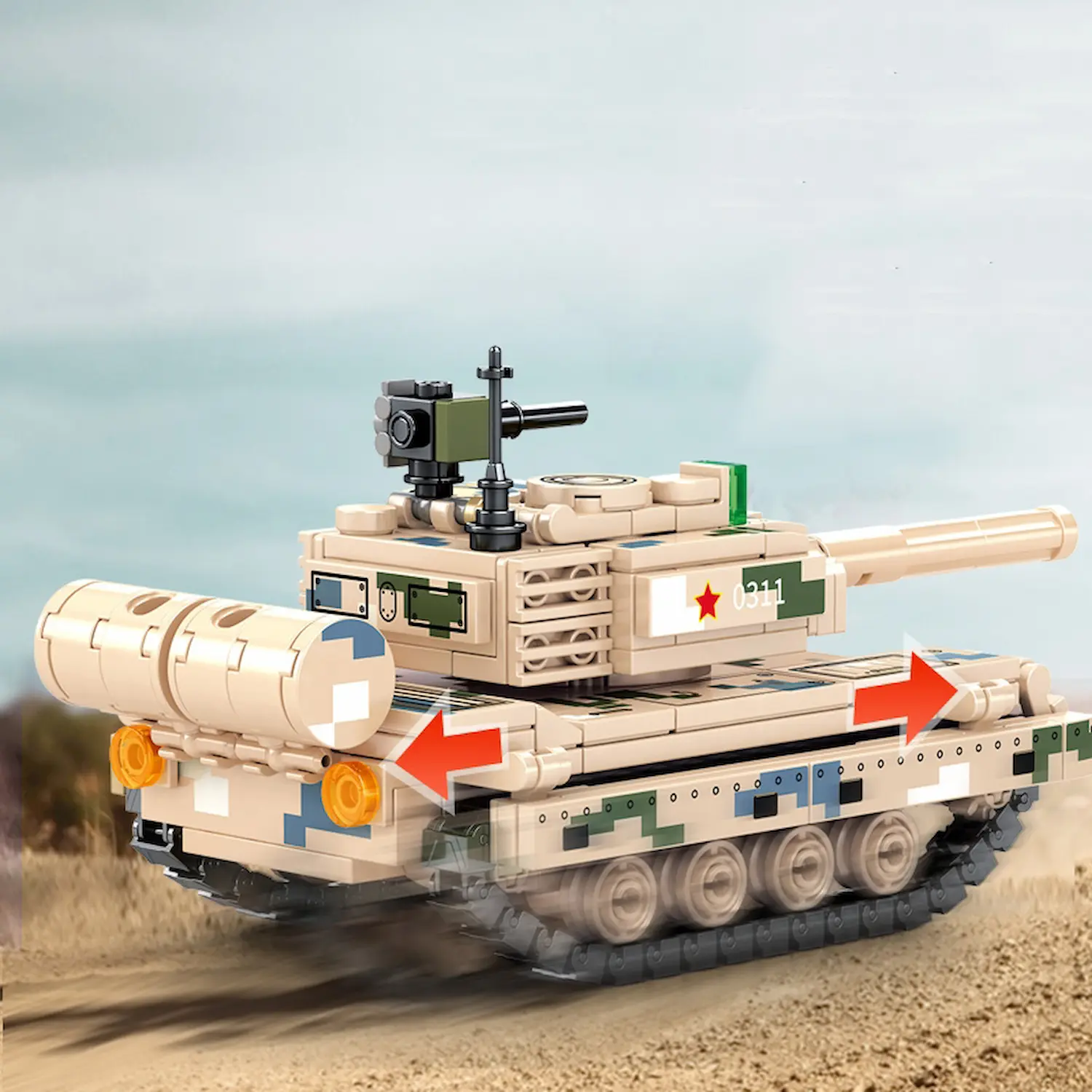 The smooth chain-linked hub drives the Sembo Block 203111 Chinese Type 15 Light Tank​ forward and backward