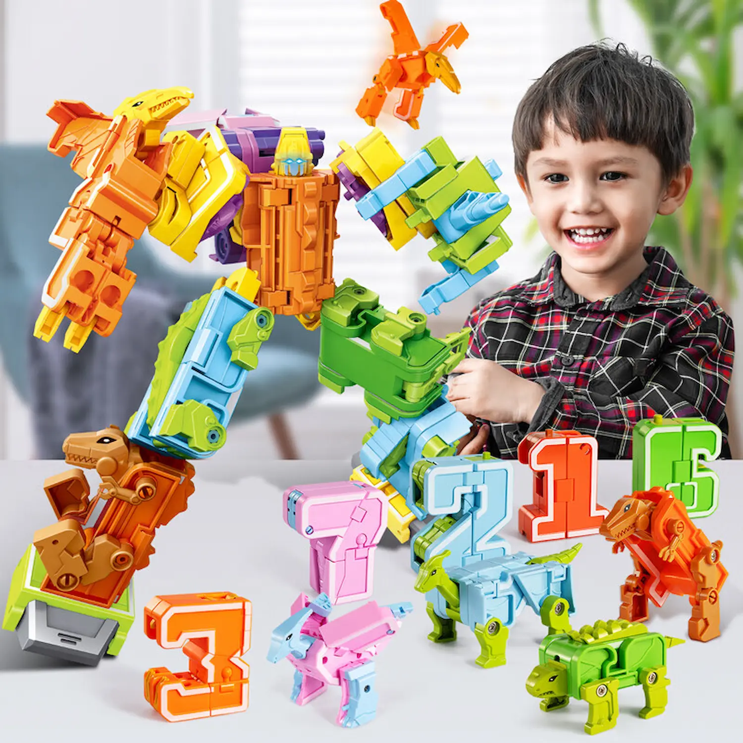 kids playing Transformer Dinosaurs Combiners Toys Math Number 0123456789 on the desk