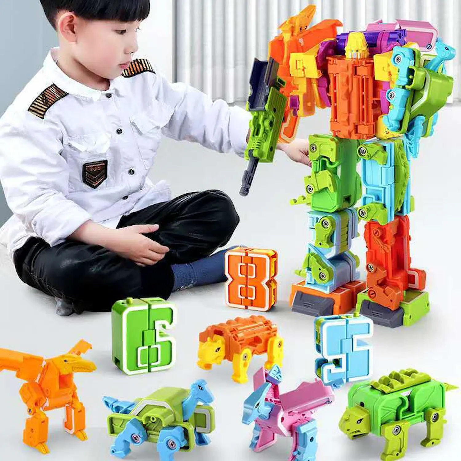 kids playing Transformer Dinosaurs Combiners Toys Math Number 0123456789 on the floor