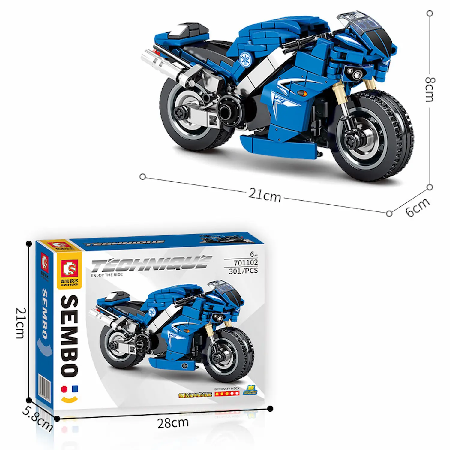 the size of Sembo Block 701102 Yamaha YZF-R1 Blue and the package