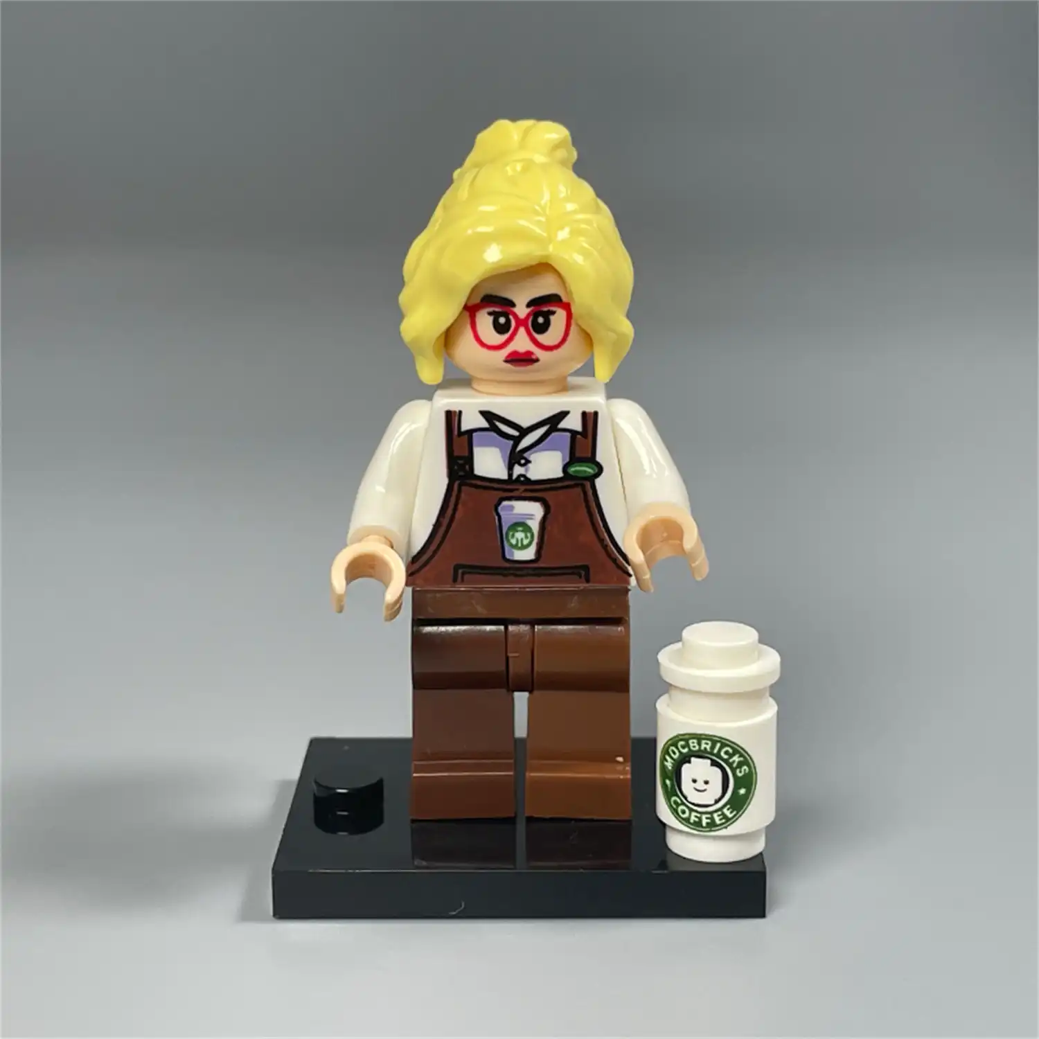 Minifigure – Barista Girl with Coffee drink beverage and base (LEGO Alternative)