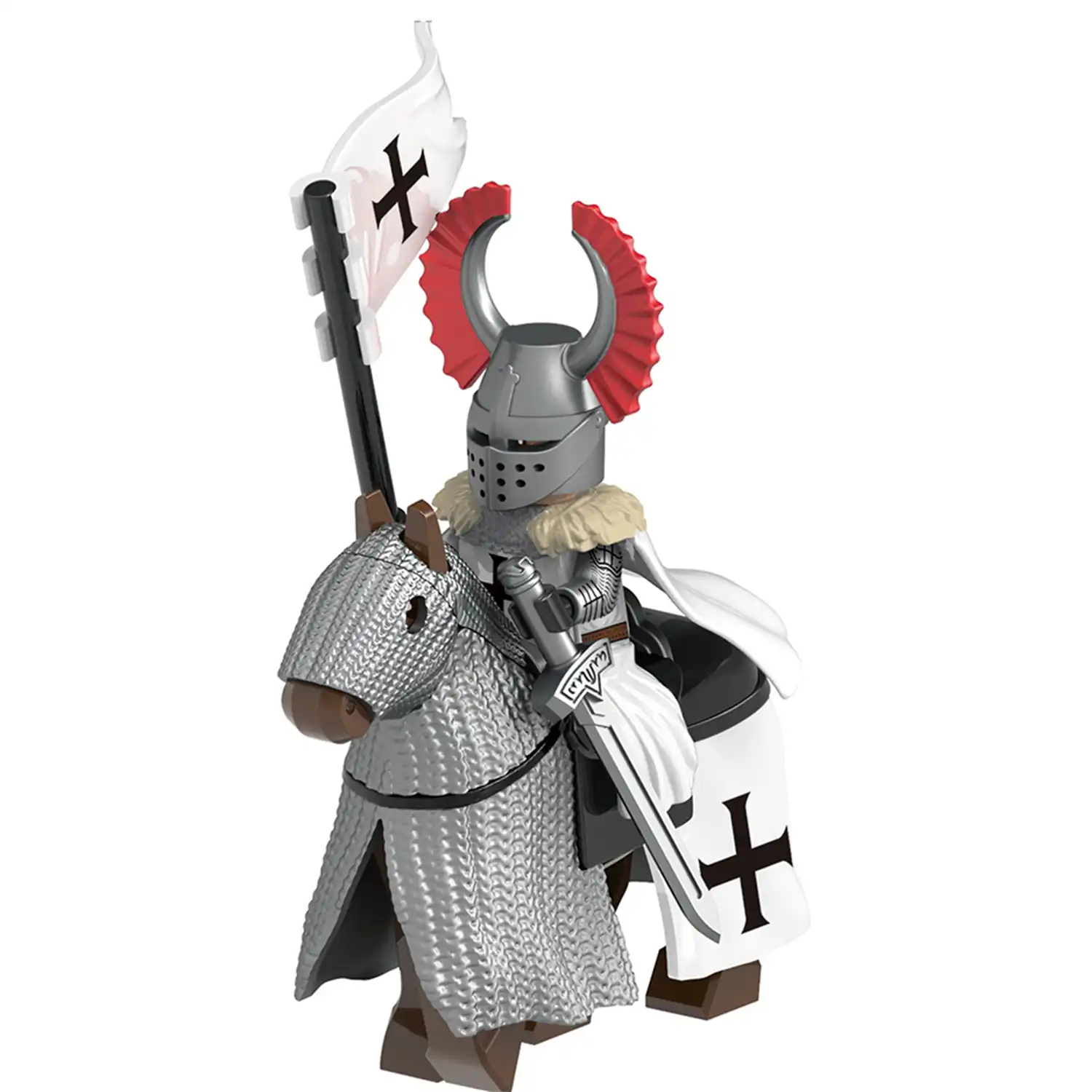 Minifigure Elite Teutonic Knight mounted on a barded warhorse LEGO Alternative