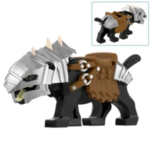 Minifigure - Black Armored Wolf Warg silver armor and a brown saddle (LEGO Alternative)