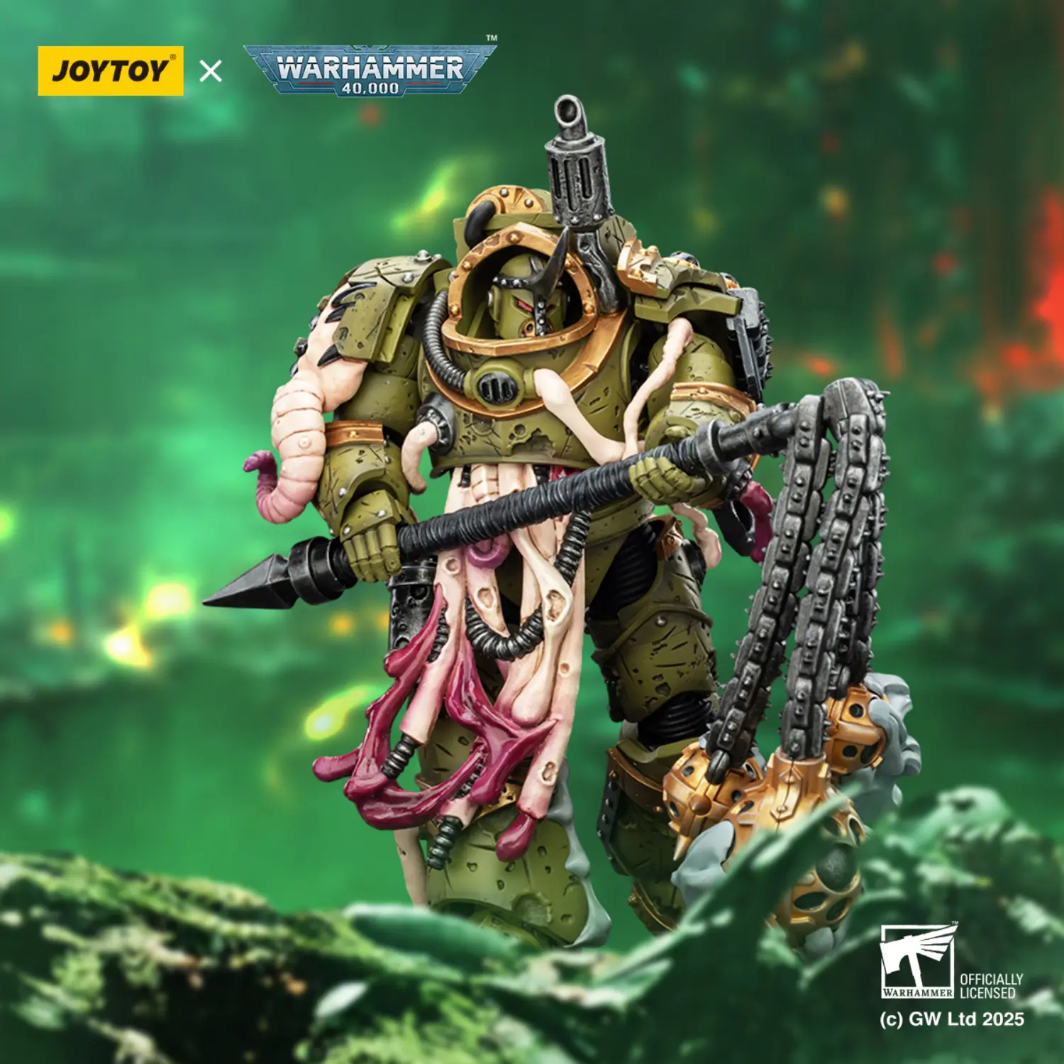 Action Figure - JOYTOY Death Guard Blightlord Terminator with Flail of Corruption 1 18 - Warhammer 40K in green background