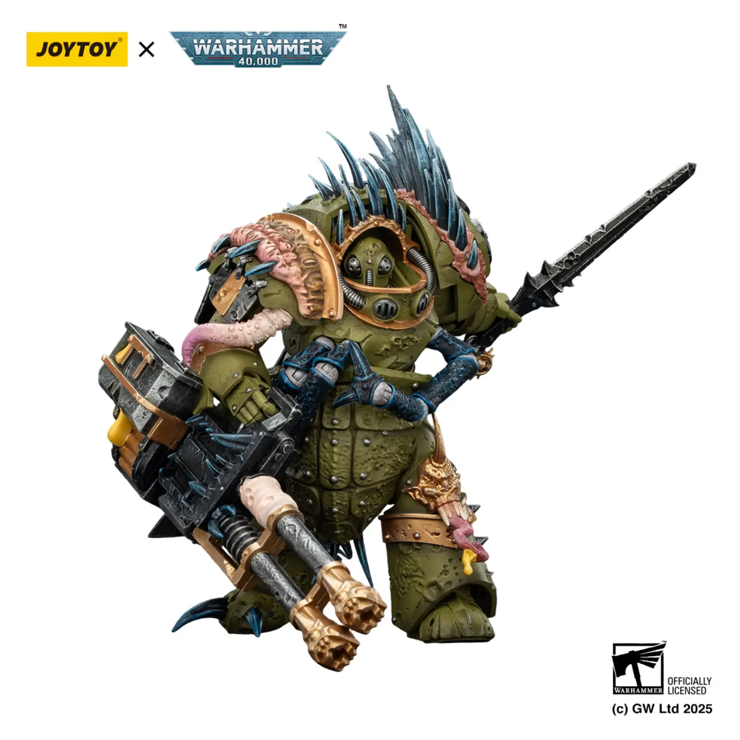 Action Figure - JOYTOY Death Guard Blightlord Terminator with Reaper Autocannon and Bubotic Blades 1 18 - Warhammer 40K in white background 3