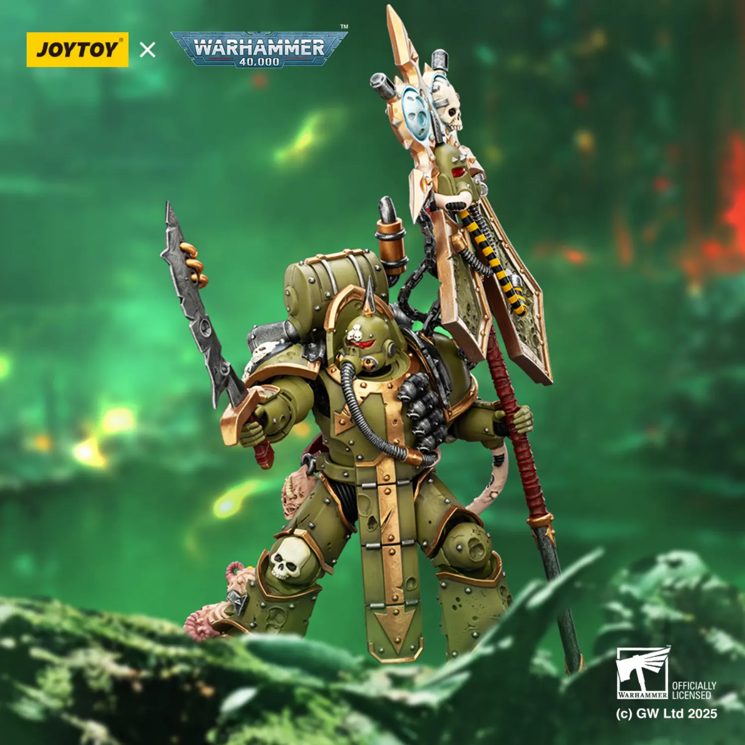 Action Figure - JOYTOY Death Guard Plague Marine Icon bearer with Boltgun and Plague knife 1 18 - Warhammer 40K in green background Action Figure - JOYTOY Death Guard Plague Marine Icon bearer with Boltgun and Plague knife 1 18 - Warhammer 40K in green background