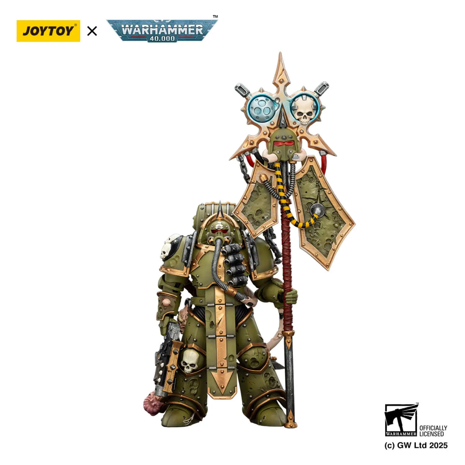 Action Figure - JOYTOY Death Guard Plague Marine Icon bearer with Boltgun and Plague knife 1 18 - Warhammer 40K in white background Action Figure - JOYTOY Death Guard Plague Marine Icon bearer with Boltgun and Plague knife 1 18 - Warhammer 40K in white background