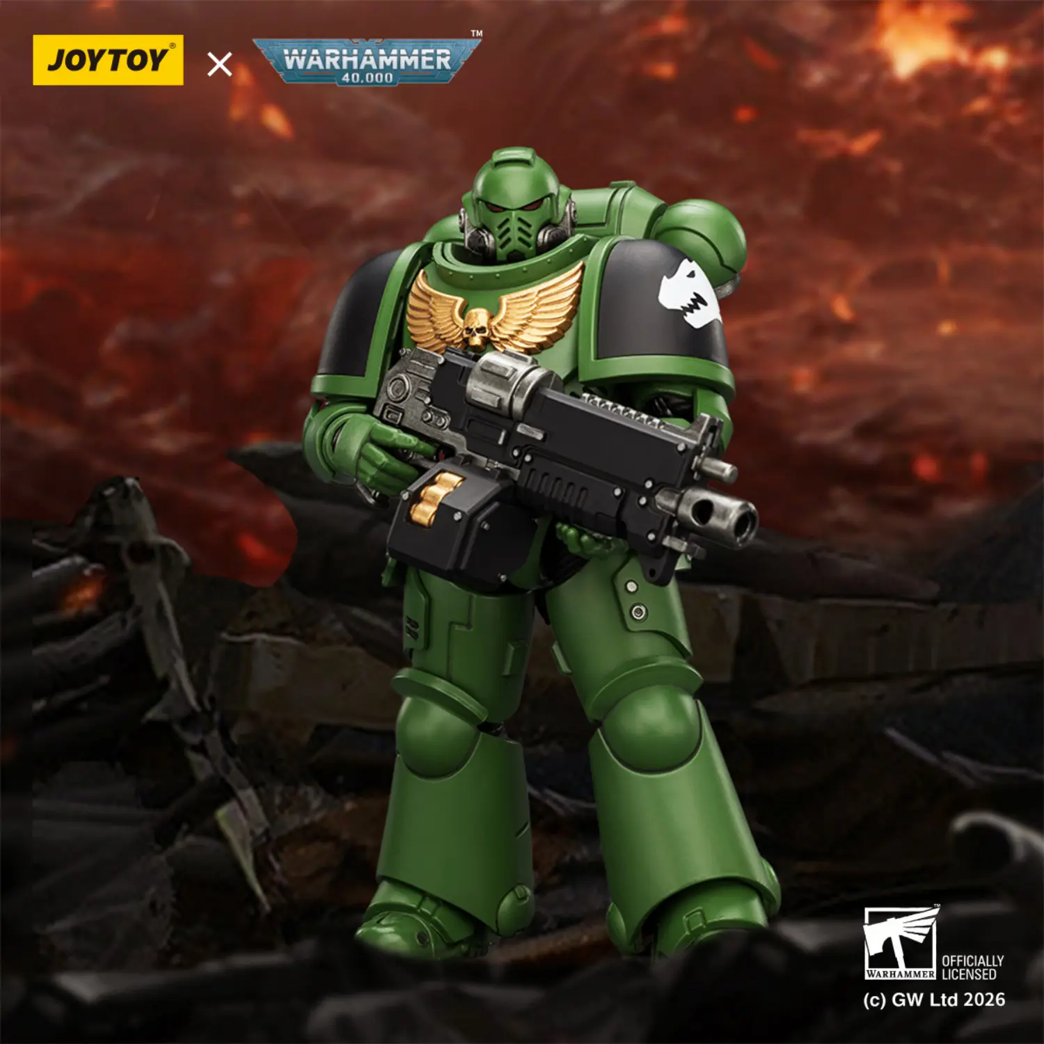 Action Figure - JOYTOY Salamanders Intercessor with Bolt Rifle, Bolt Pistol and Chainsword 1 18 - Warhammer 40K in dark red background