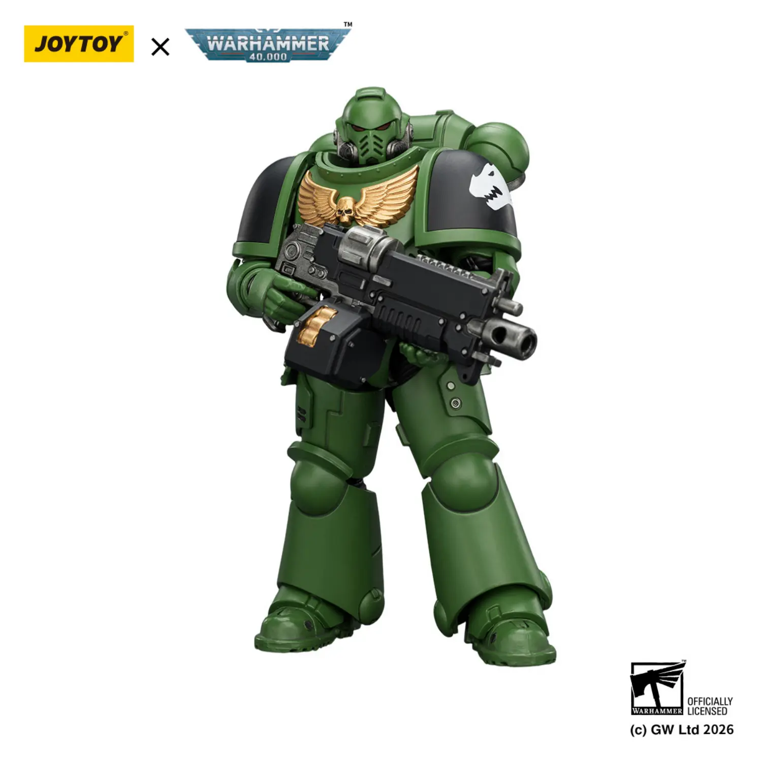 Action Figure - JOYTOY Salamanders Intercessor with Bolt Rifle, Bolt Pistol and Chainsword 1 18 - Warhammer 40K in white background 3