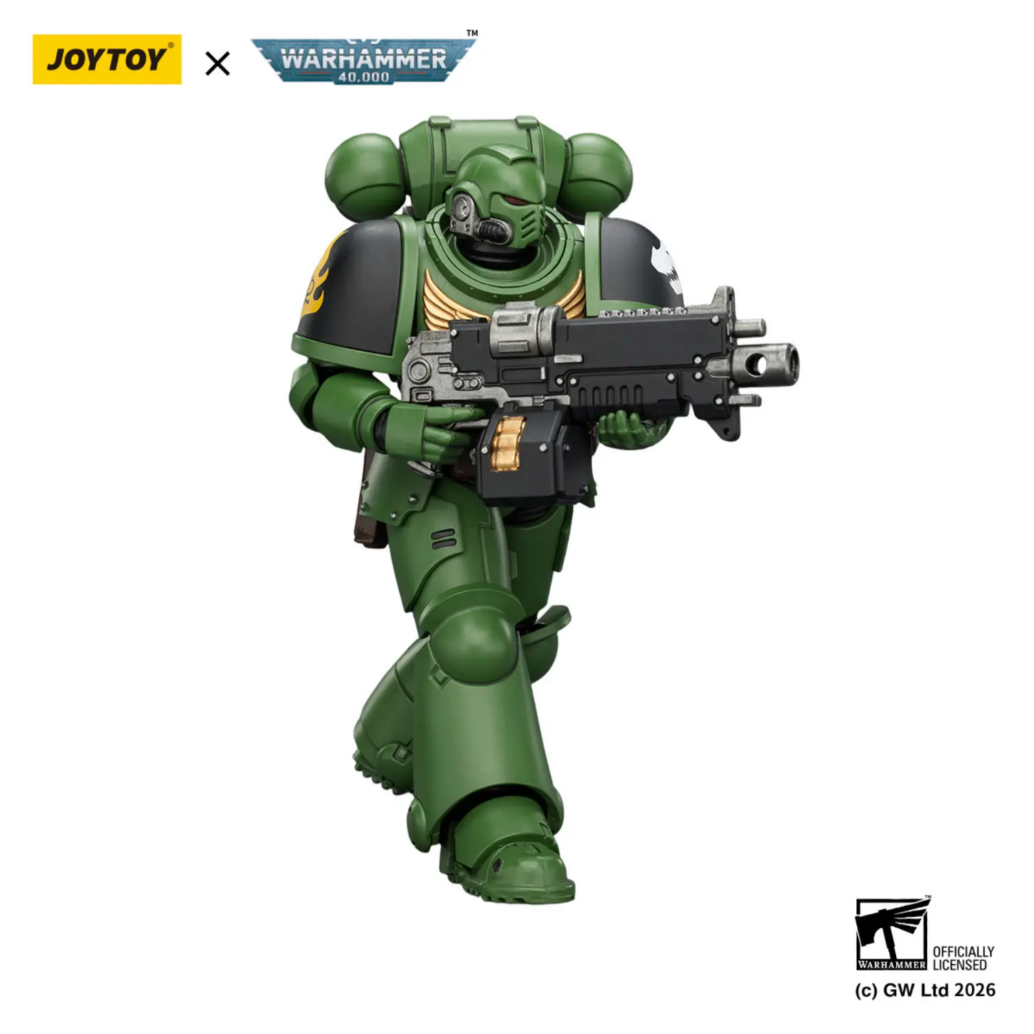 Action Figure - JOYTOY Salamanders Intercessor with Bolt Rifle, Bolt Pistol and Chainsword 1 18 - Warhammer 40K in white background 4