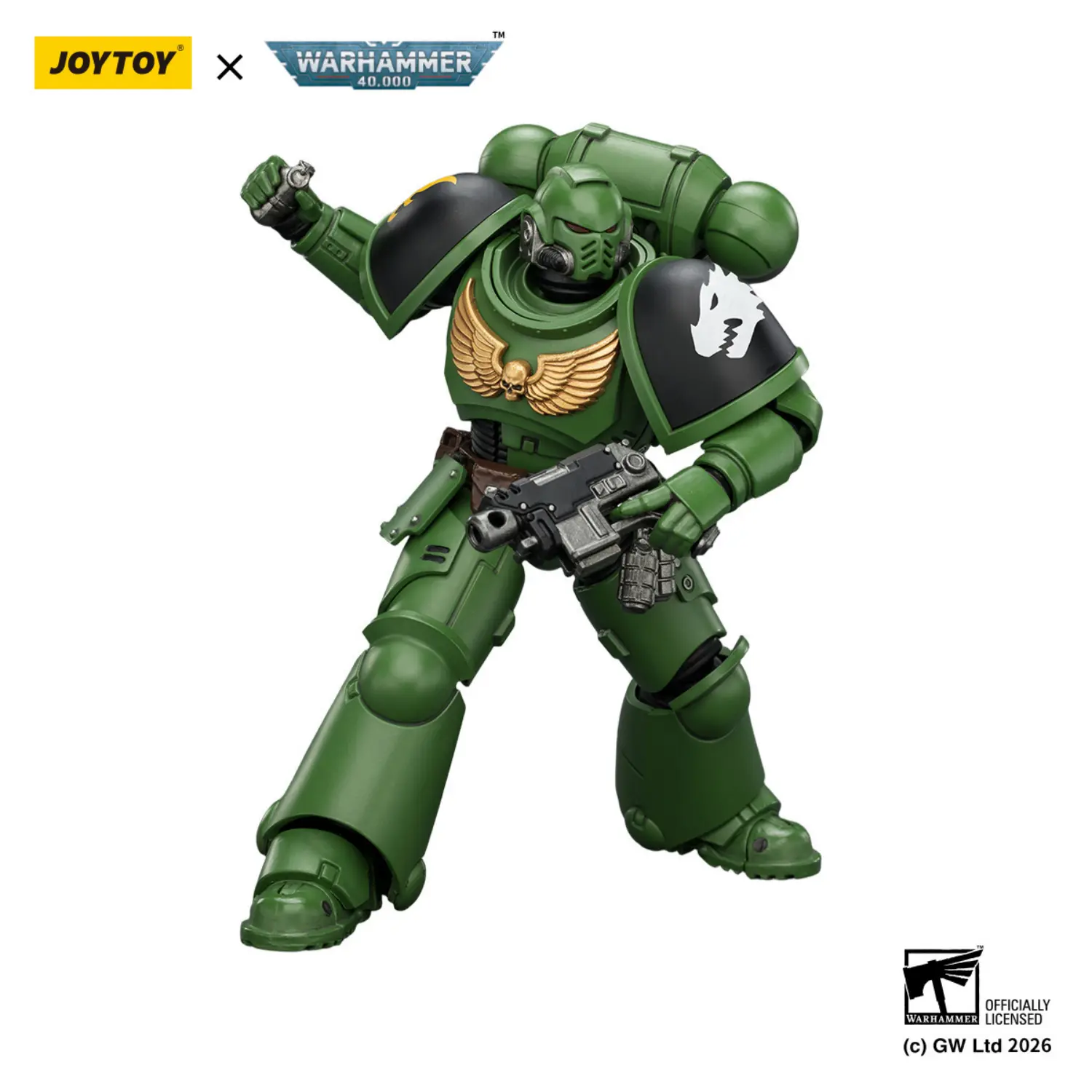 Action Figure - JOYTOY Salamanders Intercessor with Bolt Rifle, Bolt Pistol and Chainsword 1 18 - Warhammer 40K in white background 5