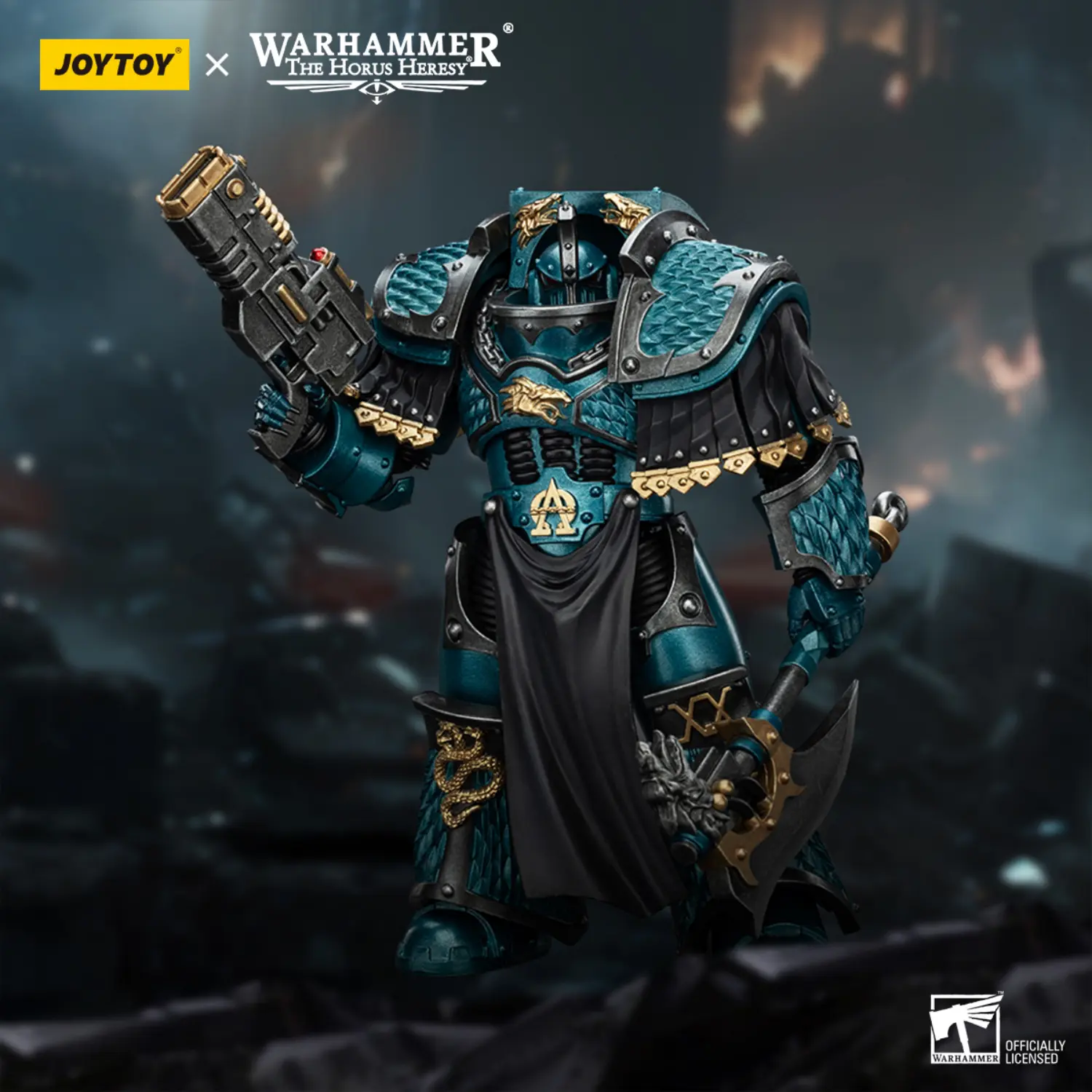 Action Figure - JoyToy Alpha Legion Lernaean Terminator with Volkite Charger 1 18 - Warhammer The Horus Heresy in dark background