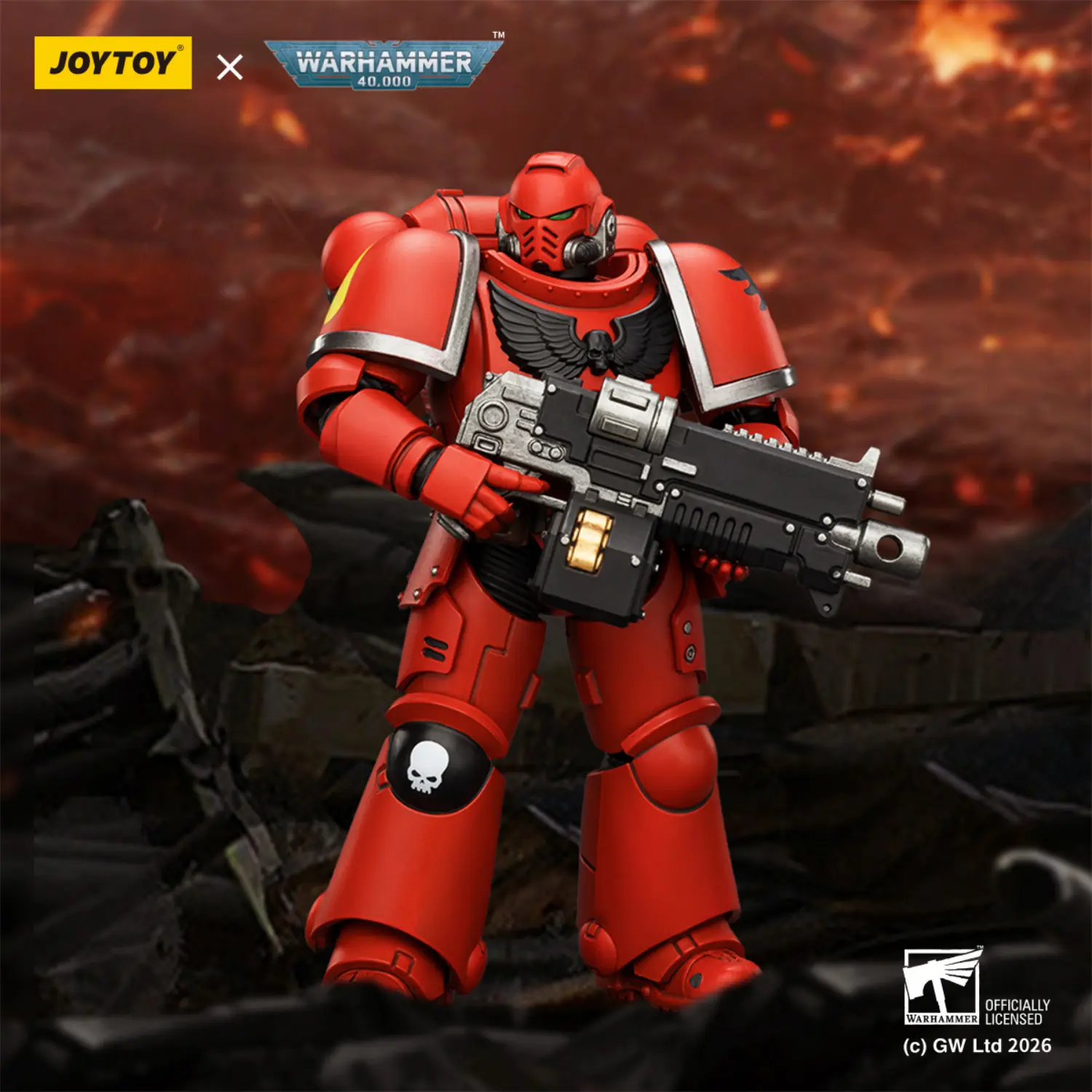 Action Figure - JoyToy Blood Angels Intercessor with Bolt Rifle, Bolt Pistol and Chainsword 1 18 - Warhammer 40K in dark red background