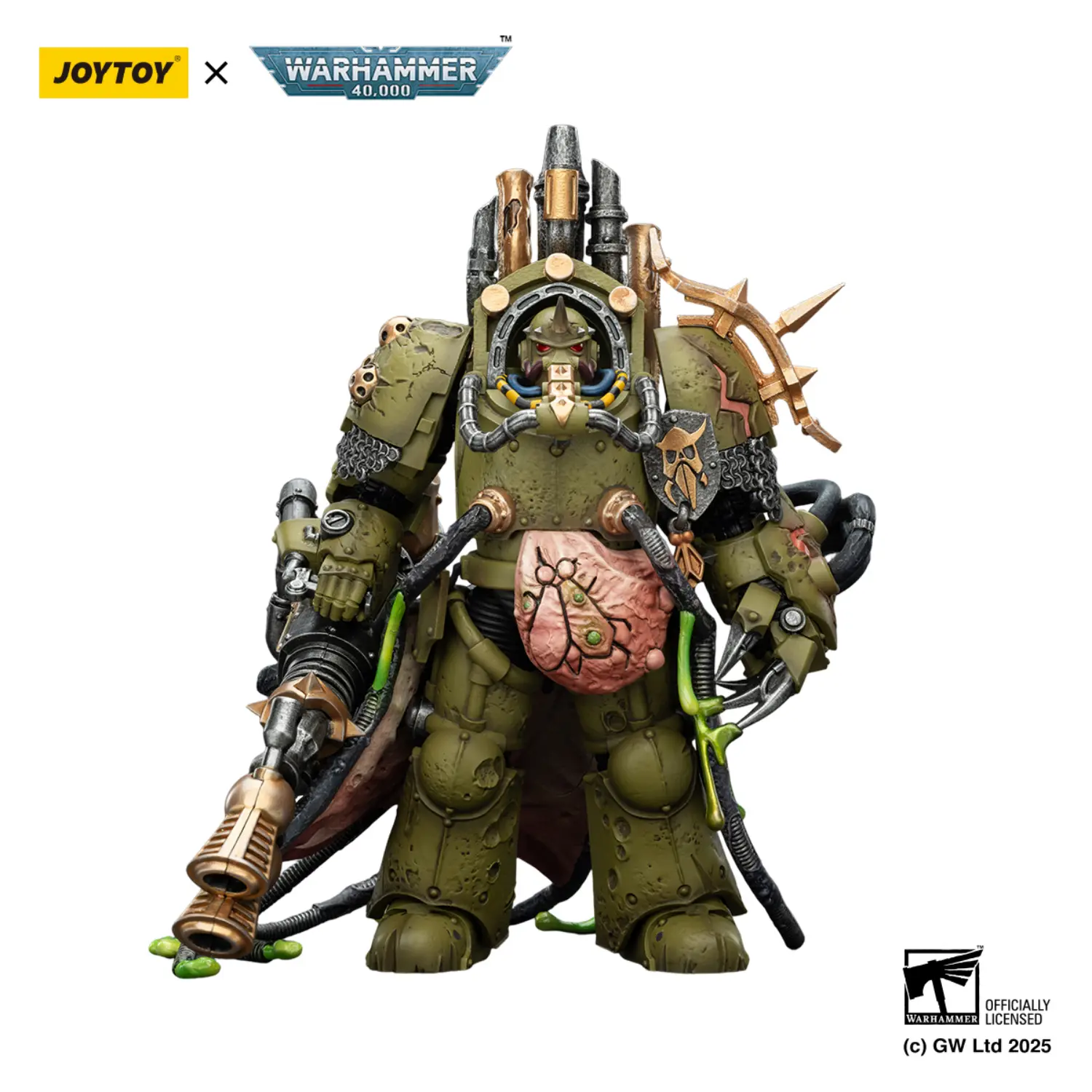 Action Figure - JoyToy Death Guard Lord of Virulence with Power Fist and Twin Plague Spewer 1 18 - Warhammer 40K in white background