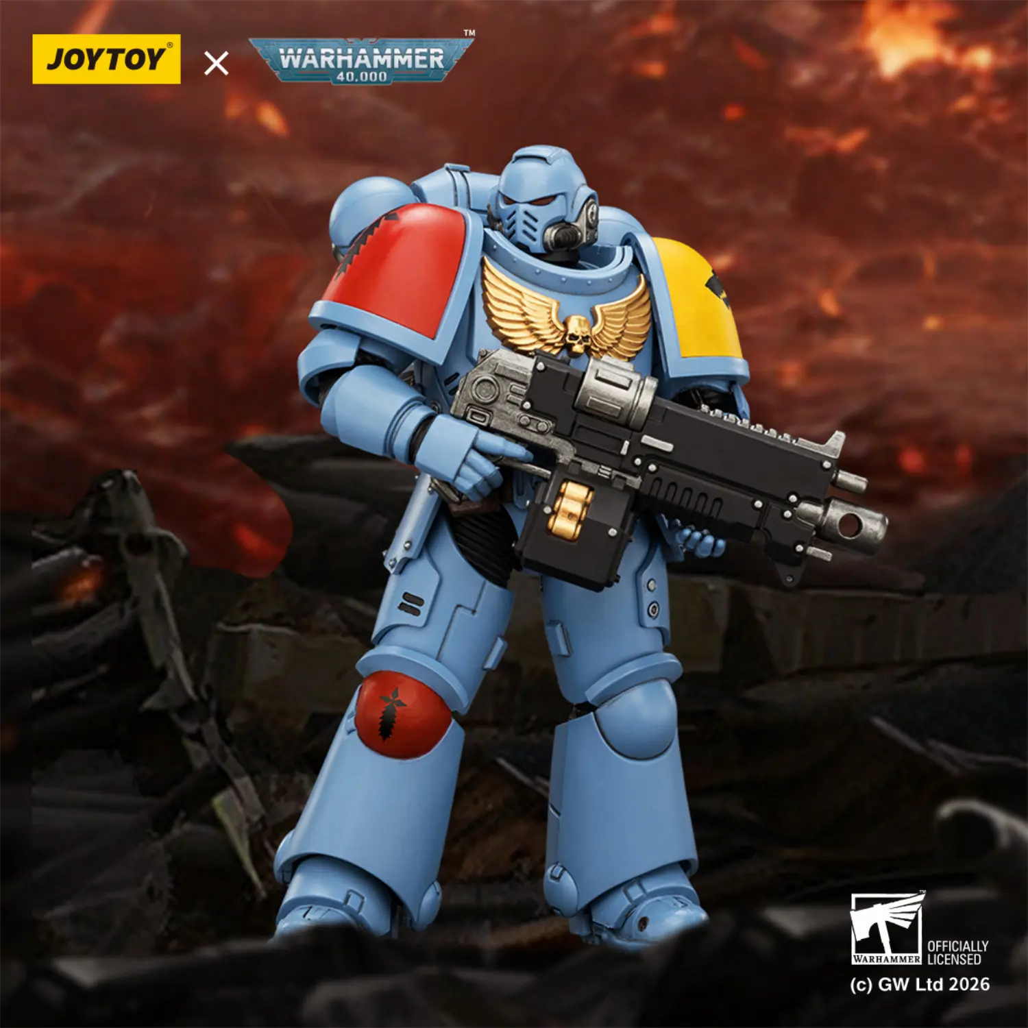Action Figure - JoyToy Space Wolves Intercessor with Bolt Rifle, Bolt Pistol and Chainsword 1 18 - Warhammer 40K in red background