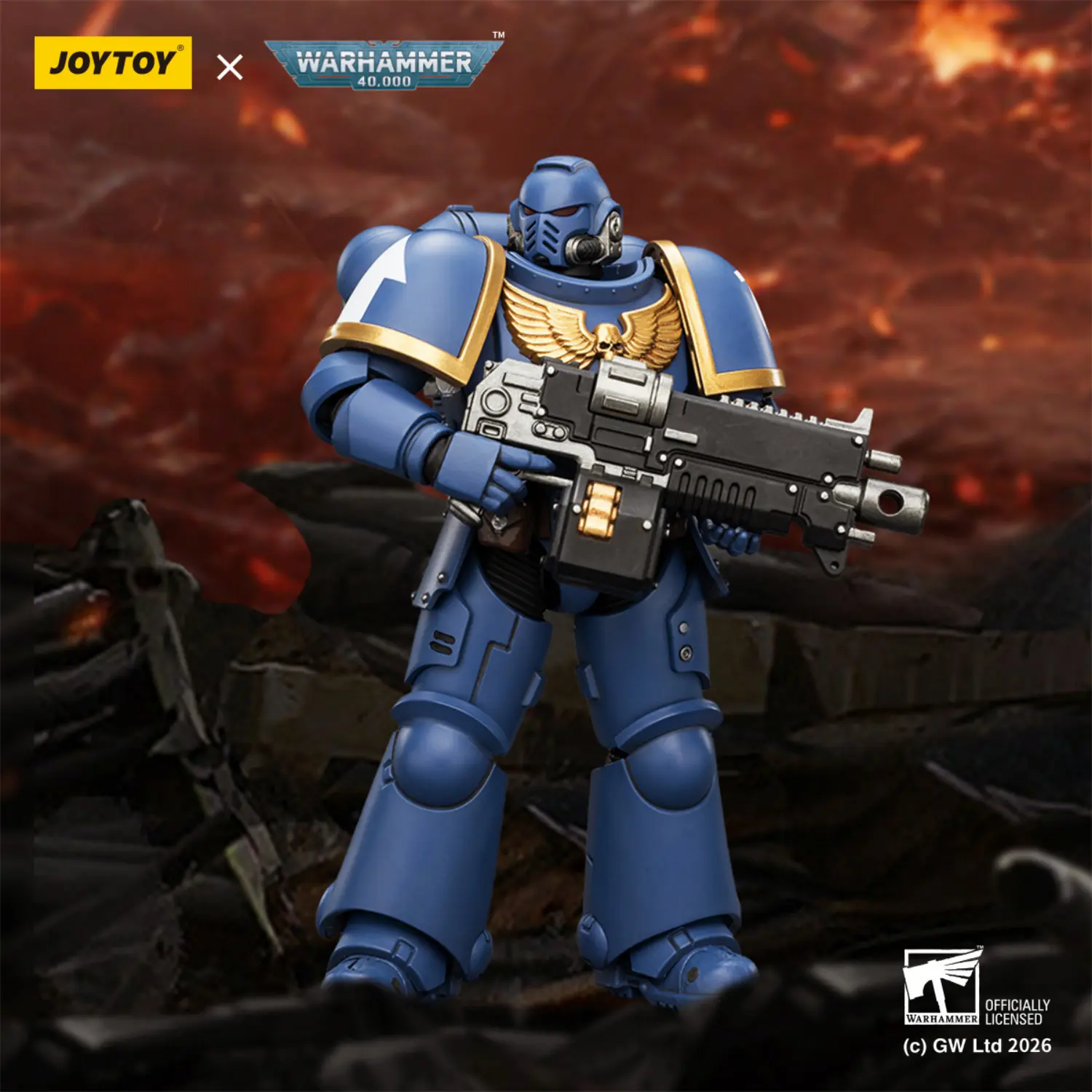 Action Figure - JoyToy Ultramarines Intercessor with Bolt Rifle, Bolt Pistol and Chainsword 1 18 - Warhammer 40K in dark red background