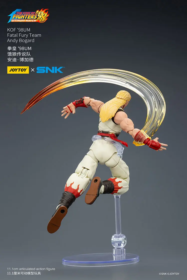 the back of the Action Figure - Andy Bogard KOF _98 UM Fatal Fury Team SNK 1 18 - JOYTOY The King of Fighters on display stand rectangle image