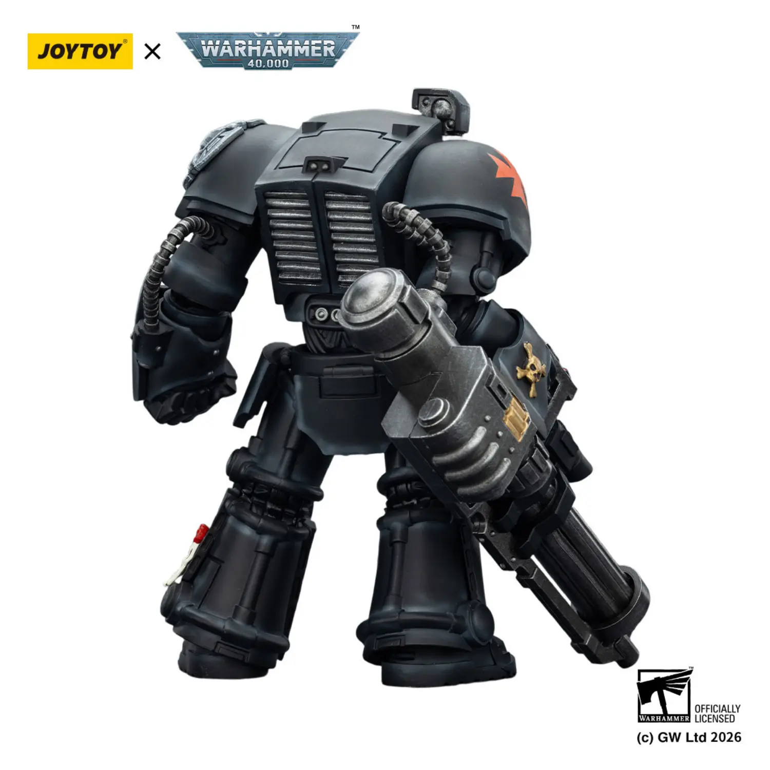 the back of the Action Figure - Black Templars Terminator 3 with Power Fist and Assault Cannon 1 18 - JOYTOY Warhammer 40K in white background