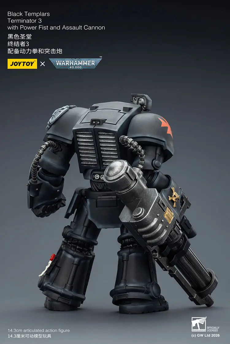 the back of the Action Figure - Black Templars Terminator 3 with Power Fist and Assault Cannon 1 18 - JOYTOY Warhammer 40K rectangle image