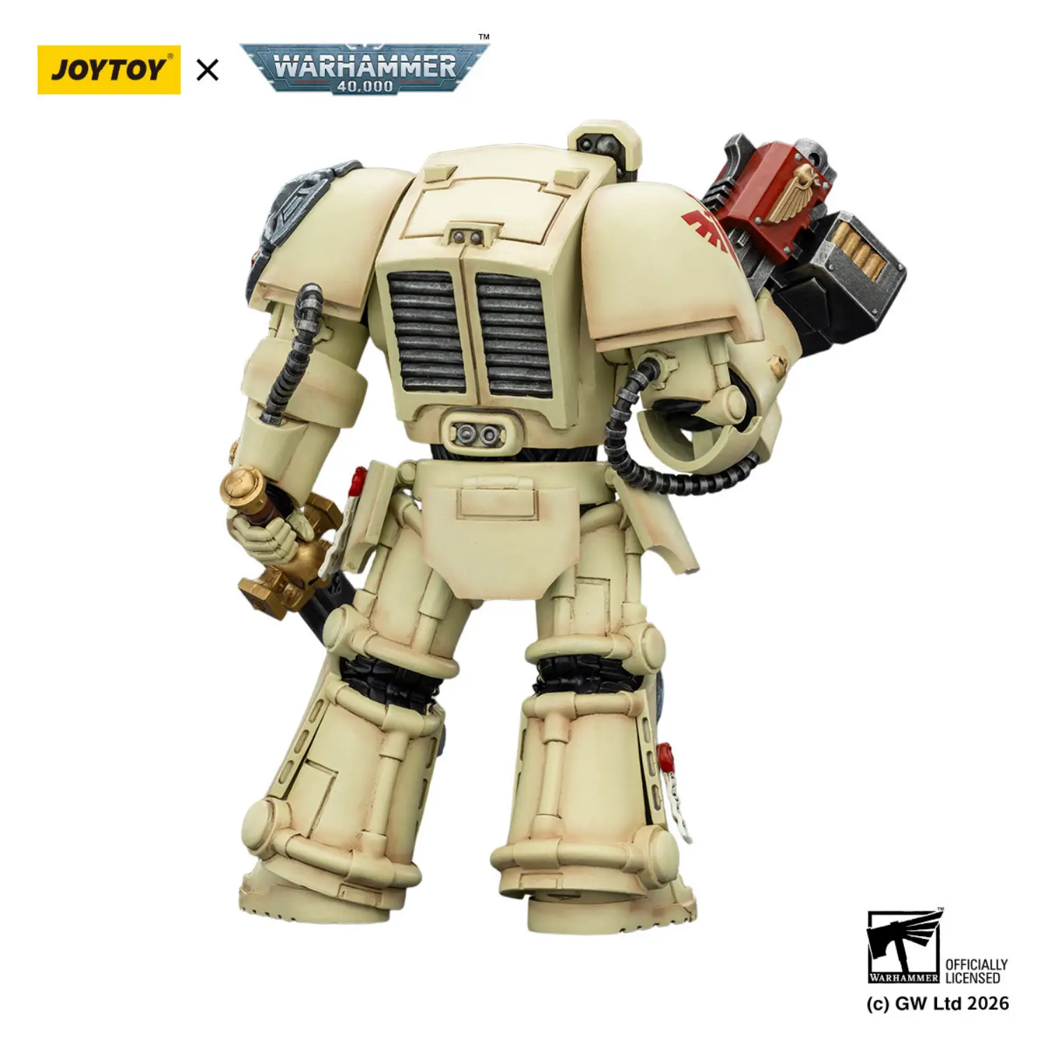 the back of the Action Figure - Dark Angels Deathwing Terminator 1 with Power Sword and Storm Bolter 1 18 - JOYTOY Warhammer 40K in white background