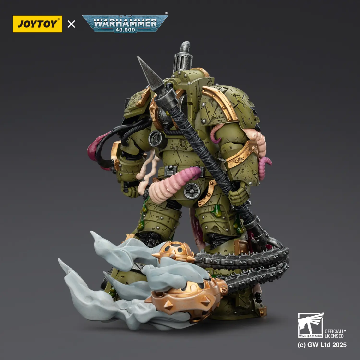 the back of the Action Figure - JOYTOY Death Guard Blightlord Terminator with Flail of Corruption 1 18 - Warhammer 40K