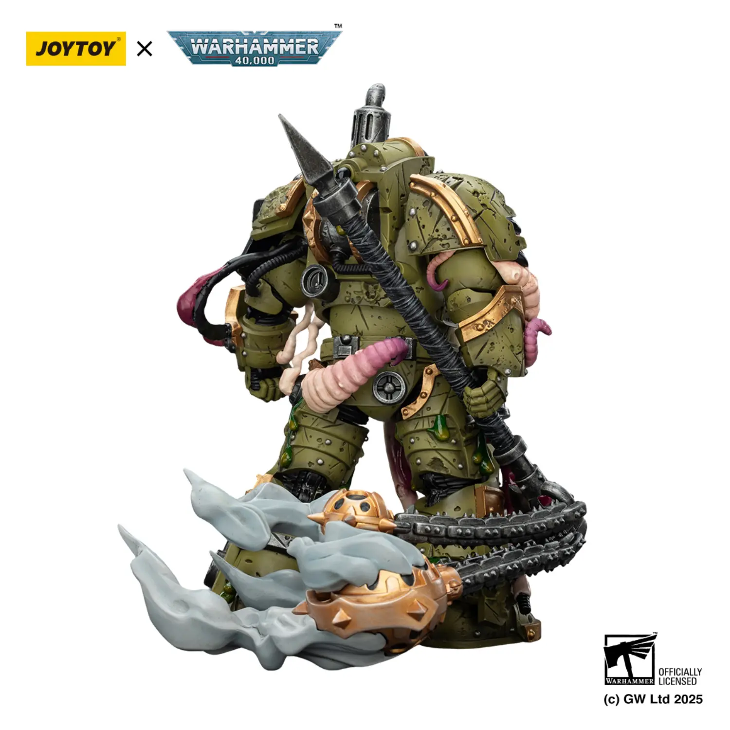 the back of the Action Figure - JOYTOY Death Guard Blightlord Terminator with Flail of Corruption 1 18 - Warhammer 40K in white background