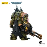 the back of the Action Figure - JOYTOY Death Guard Blightlord Terminator with Reaper Autocannon and Bubotic Blades 1 18 - Warhammer 40K in white background