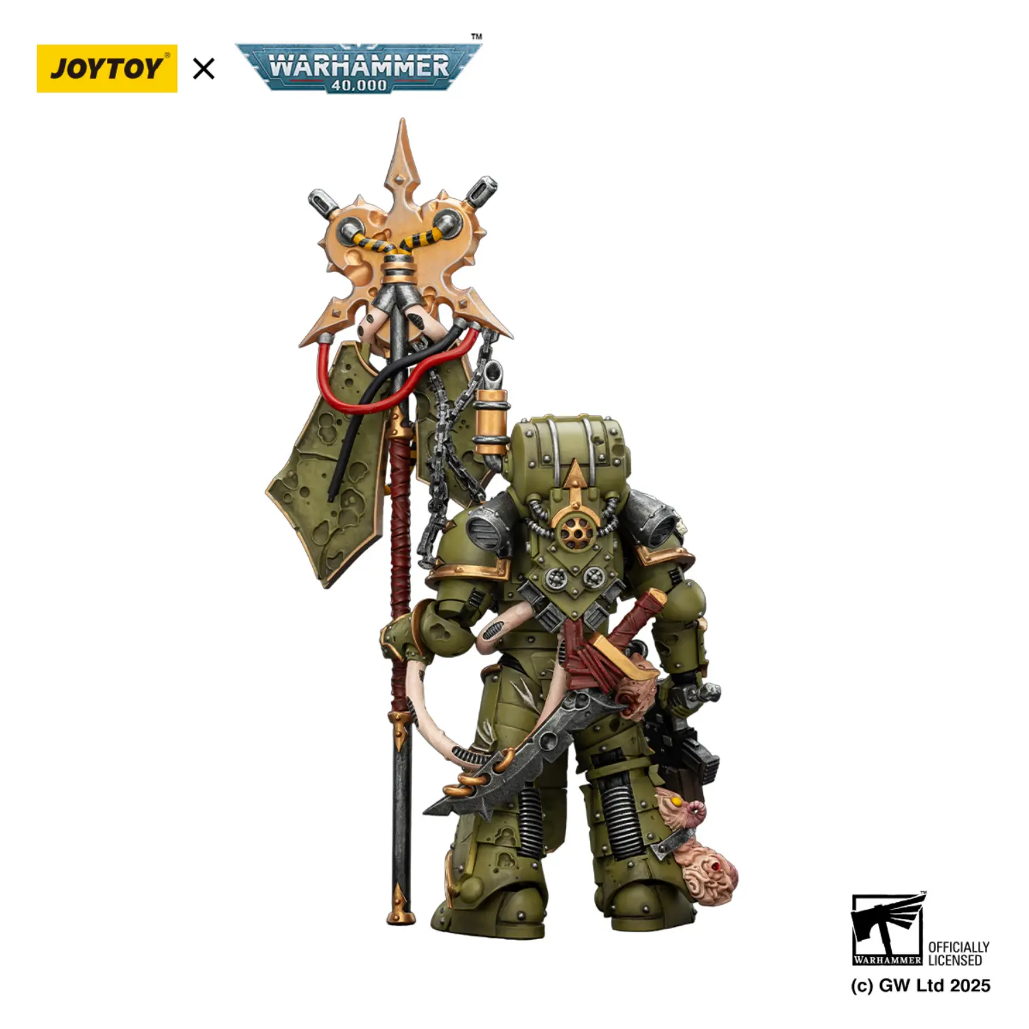 the back of the Action Figure - JOYTOY Death Guard Plague Marine Icon bearer with Boltgun and Plague knife 1 18 - Warhammer 40K in white background the back of the Action Figure - JOYTOY Death Guard Plague Marine Icon bearer with Boltgun and Plague knife 1 18 - Warhammer 40K in white background