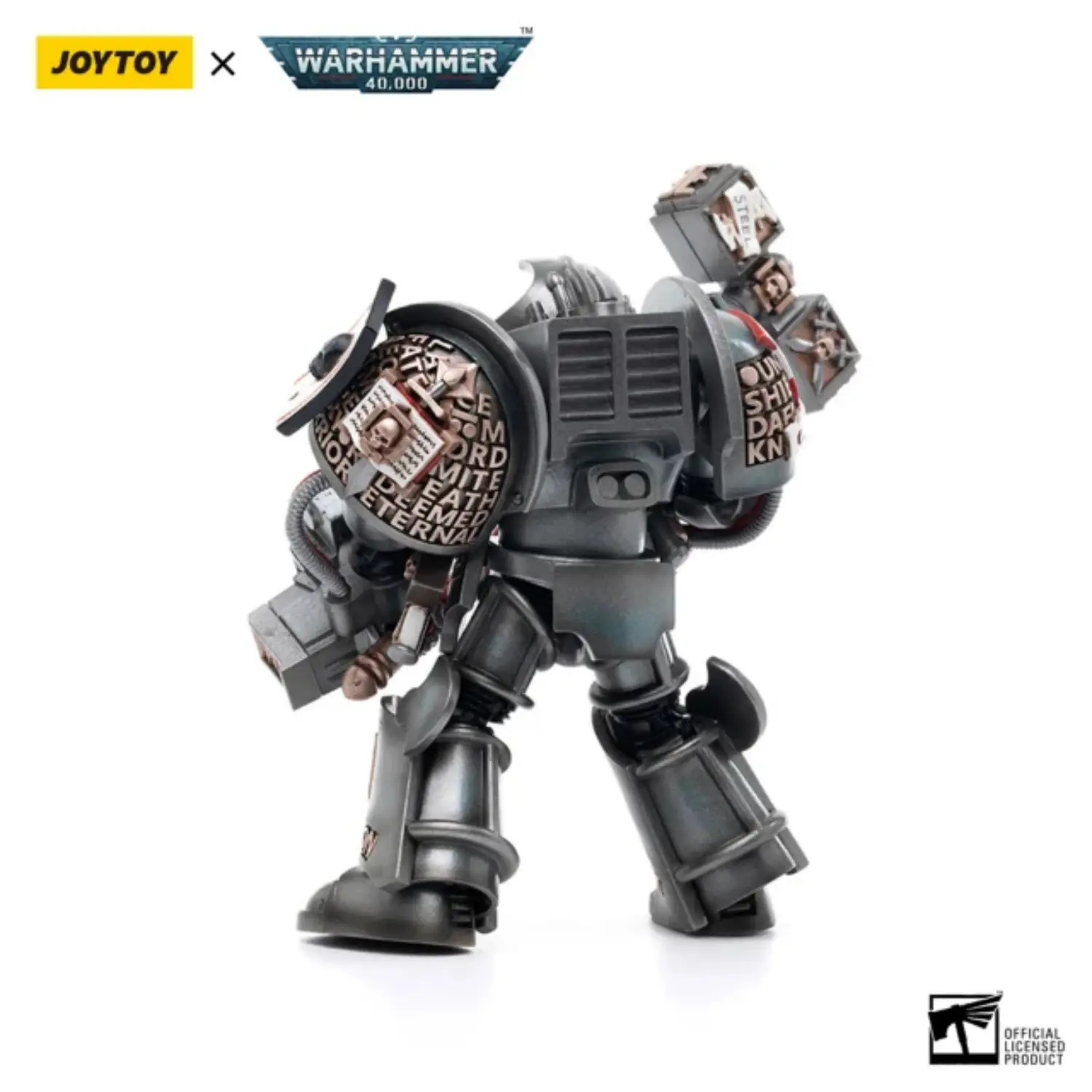the back of the Action Figure - JOYTOY Grey Knights Terminator Caddon Vibova 1 18 - Warhammer 40K in white background
