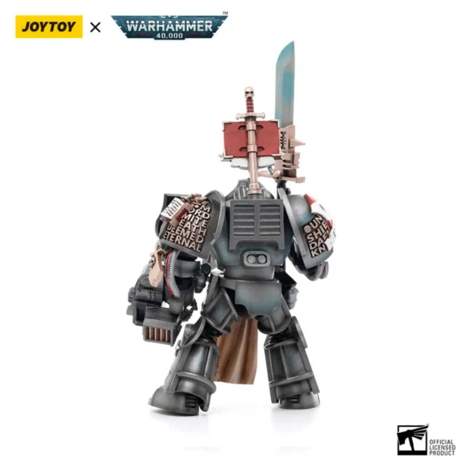 the back of the Action Figure - JOYTOY Grey Knights Terminator Jaric Thule 1 18 - Warhammer 40K in white background