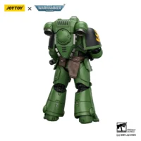 the back of the Action Figure - JOYTOY Salamanders Intercessor with Bolt Rifle, Bolt Pistol and Chainsword 1 18 - Warhammer 40K in white background