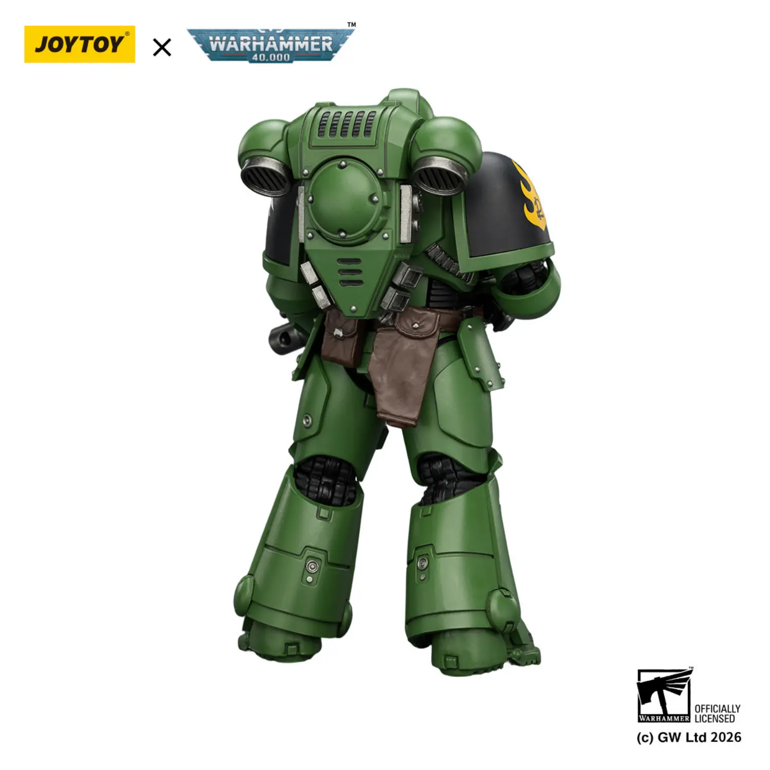the back of the Action Figure - JOYTOY Salamanders Intercessor with Bolt Rifle, Bolt Pistol and Chainsword 1 18 - Warhammer 40K in white background