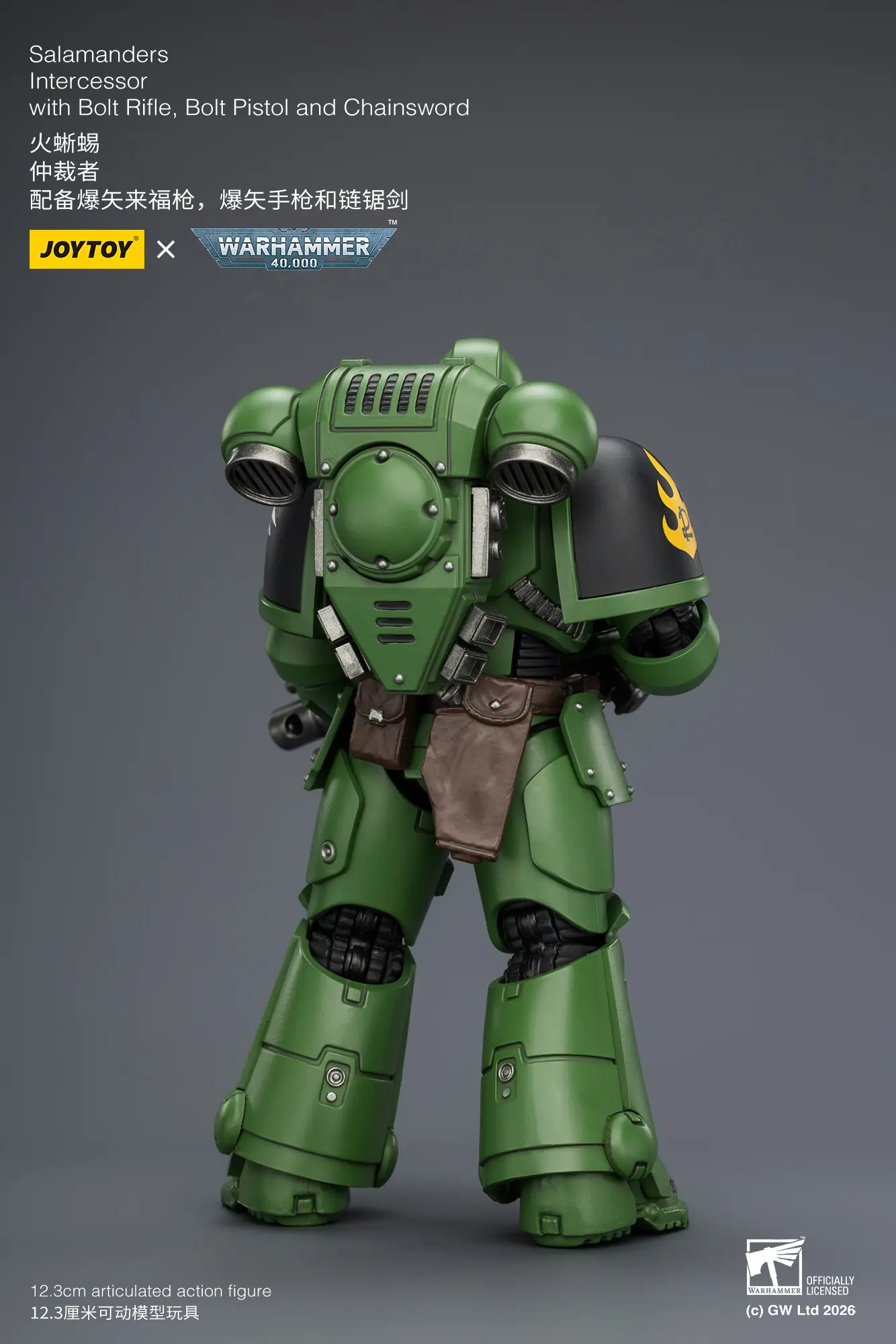 the back of the Action Figure - JOYTOY Salamanders Intercessor with Bolt Rifle, Bolt Pistol and Chainsword 1 18 - Warhammer 40K rectangle image