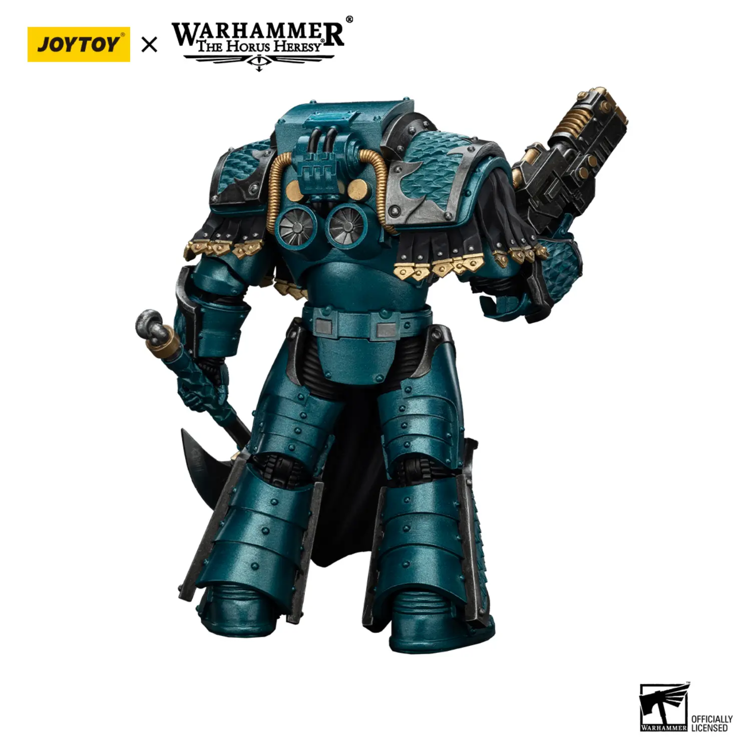 the back of the Action Figure - JoyToy Alpha Legion Lernaean Terminator with Volkite Charger 1 18 - Warhammer The Horus Heresy in white background
