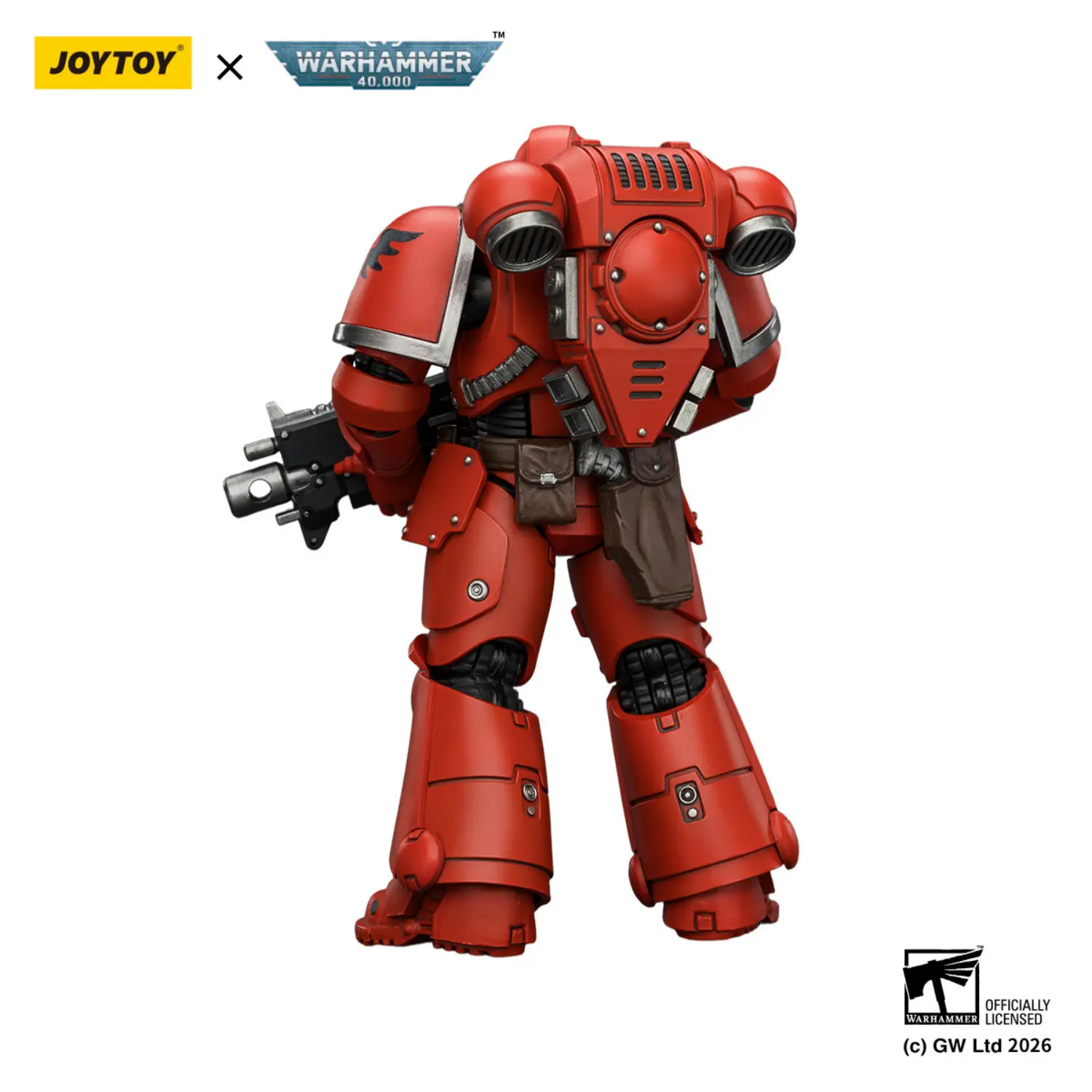 the back of the Action Figure - JoyToy Blood Angels Intercessor with Bolt Rifle, Bolt Pistol and Chainsword 1 18 - Warhammer 40K in white background