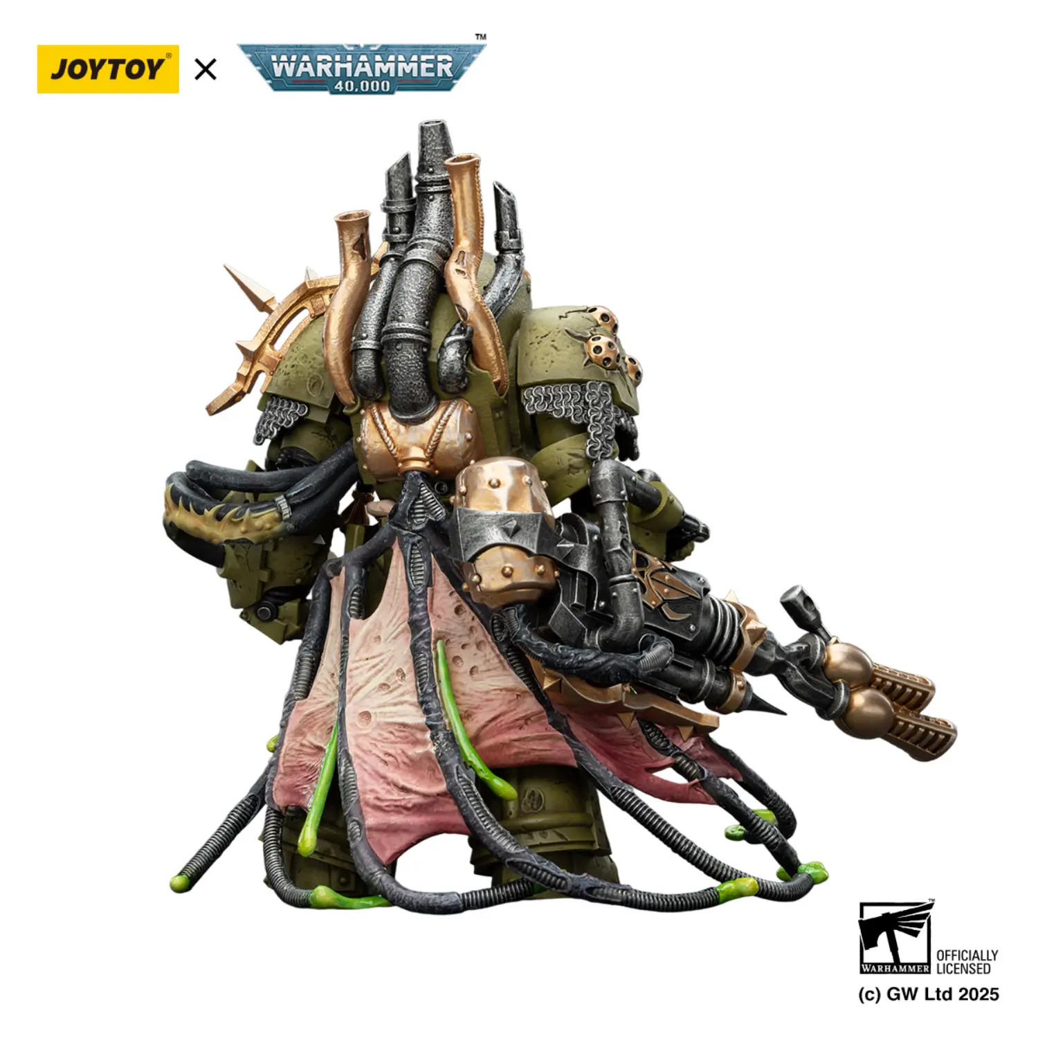 the back of the Action Figure - JoyToy Death Guard Lord of Virulence with Power Fist and Twin Plague Spewer 1 18 - Warhammer 40K in white background