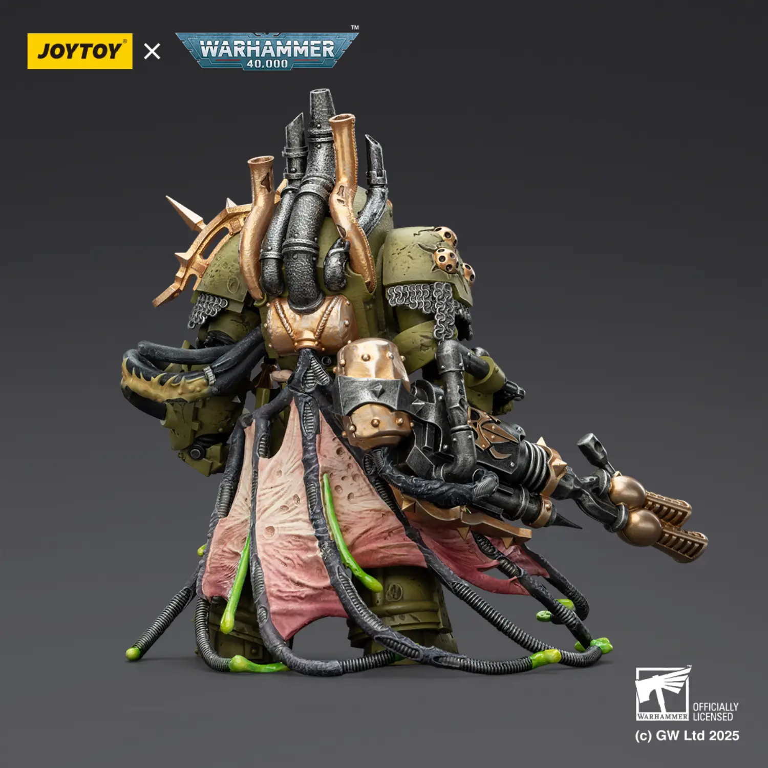 the back of the Action Figure - JoyToy Death Guard Lord of Virulence with Power Fist and Twin Plague Spewer 1 18 - Warhammer 40K